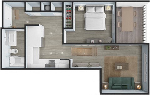 Floor plan for 1 bed, 1 bath, 558 sqft